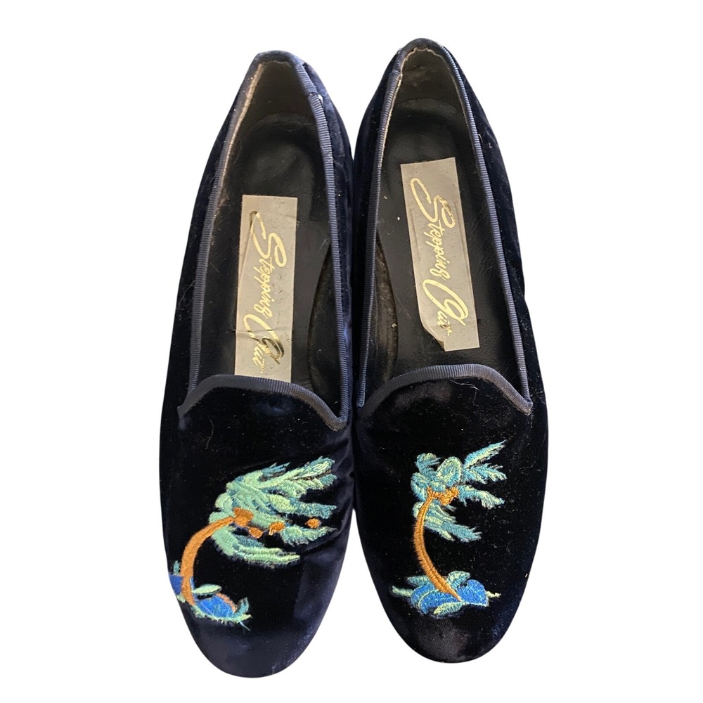 Zalo Loafer Women 7.5 Navy Blue Velvet Embroidered Palm Tree Smoking Flats Spain